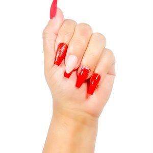 Long coffe red glossy nails.